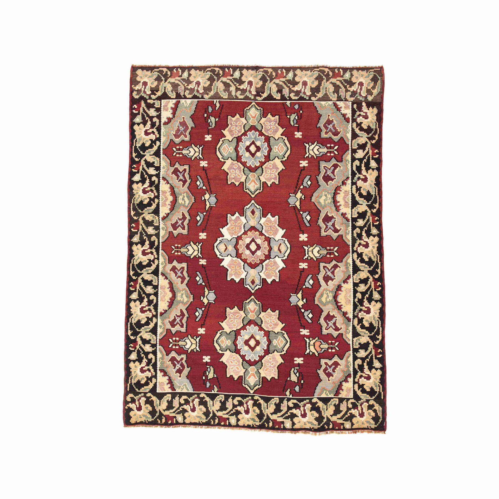 Handmade Gocmen Wool Kilim 81.9 x 115.7 Inches: Handmade Gocmen Wool Kilim 81.9 x 115.7 Inches This authentic handmade Gocmen kilim is a stunning piece crafted from wool on wool, showcasing intricate flat weaving techniques. Ideal for adding a touc