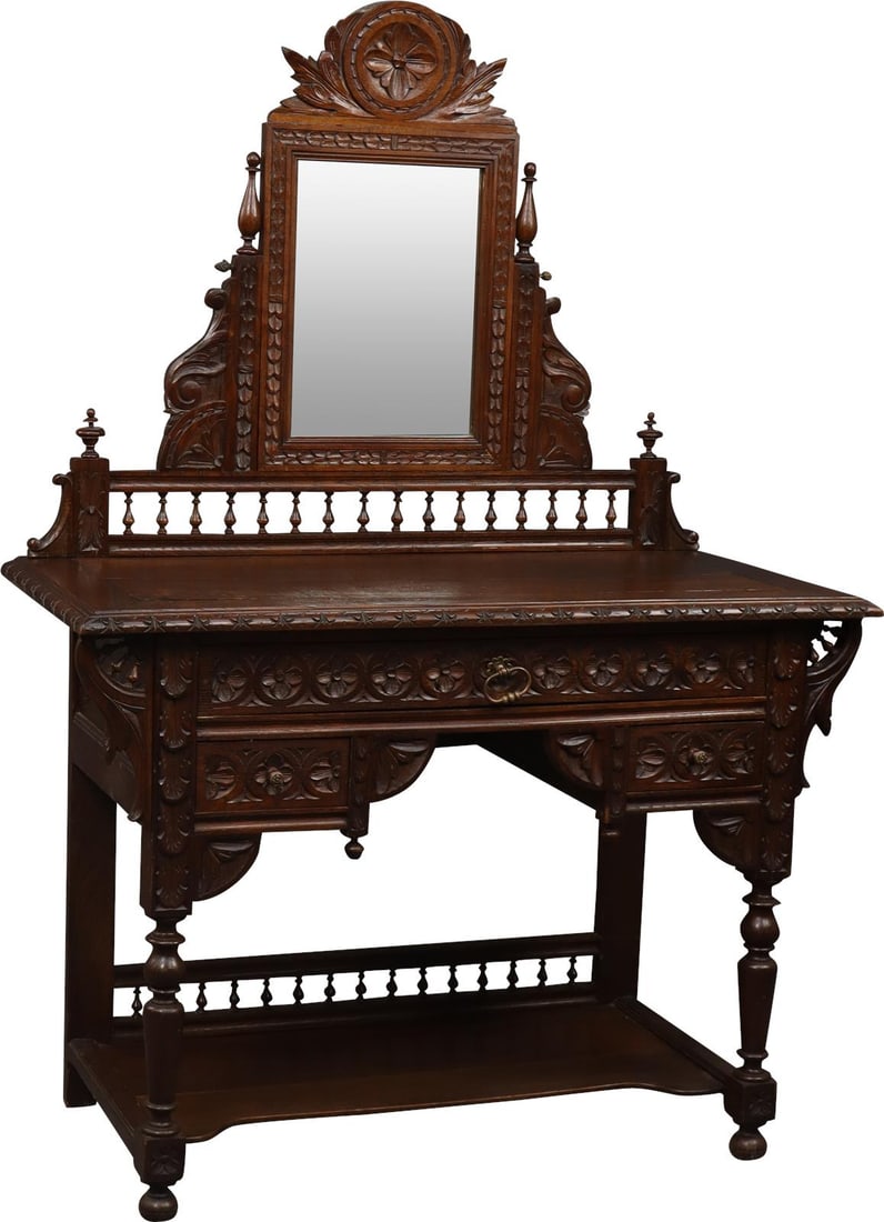 Antique Brittany Style Vanity Table 1880 Chestnut: Antique Brittany Style Vanity Table 1880 Chestnut This elegant French Brittany vanity table, crafted in 1880, showcases the charm of antique furniture with its classic design. Made from chestnut, this