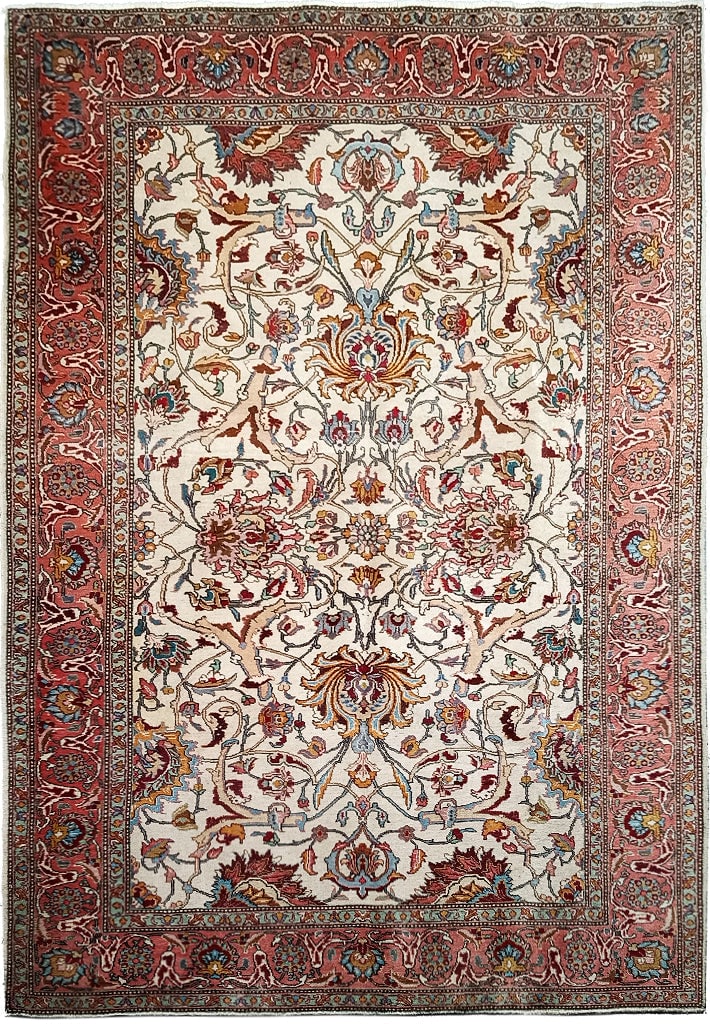 5'9 x 9' Semi-Antique Persian Tabriz Rug Ivory Pink Traditional Design: 5'9 x 9' Semi-Antique Persian Tabriz Rug Ivory Pink Traditional Design Free continental US Shipping Enhance your space with this exquisite 5.9 x 9 Semi-Antique Persian Tabriz Rug, featuring a lovely i