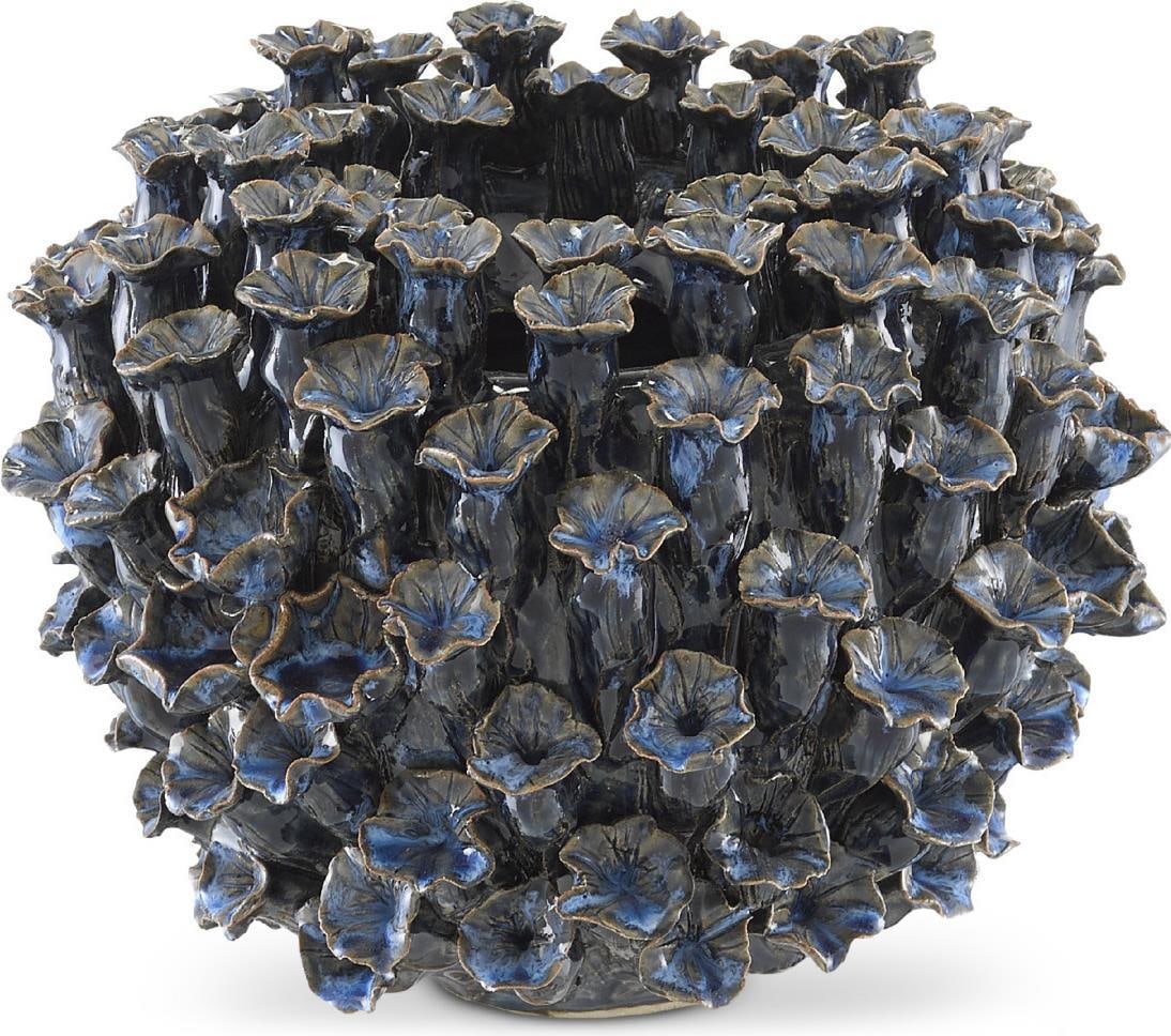 Currey Manitapi Handmade Blue Ceramic Vase 7H x 8.75W x 8.75D: Currey Manitapi Handmade Blue Ceramic Vase 7H x 8.75W x 8.75D Elevate your home decor with this exquisite Dark Blue Handmade Ceramic Terracotta Vase, crafted in an antique or vintage style. This uniqu