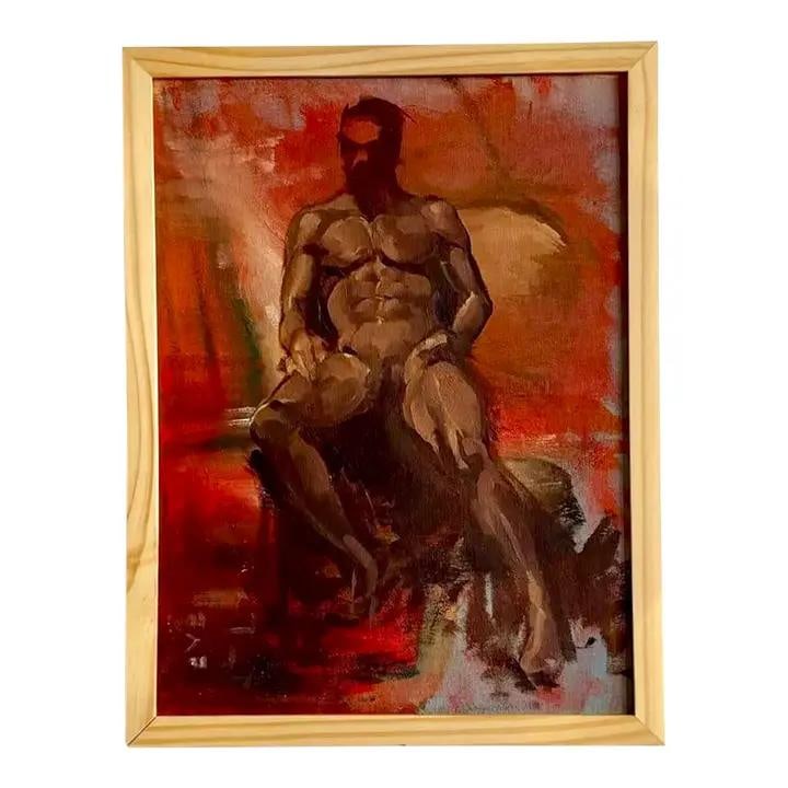 Boho Abstract Male Figure Painting in Wooden Frame: Boho Abstract Male Figure Painting in Wooden Frame This vintage painting features a male nude figure seated against a vibrant abstract backdrop of red and sienna tones. The musculature is skillfully h