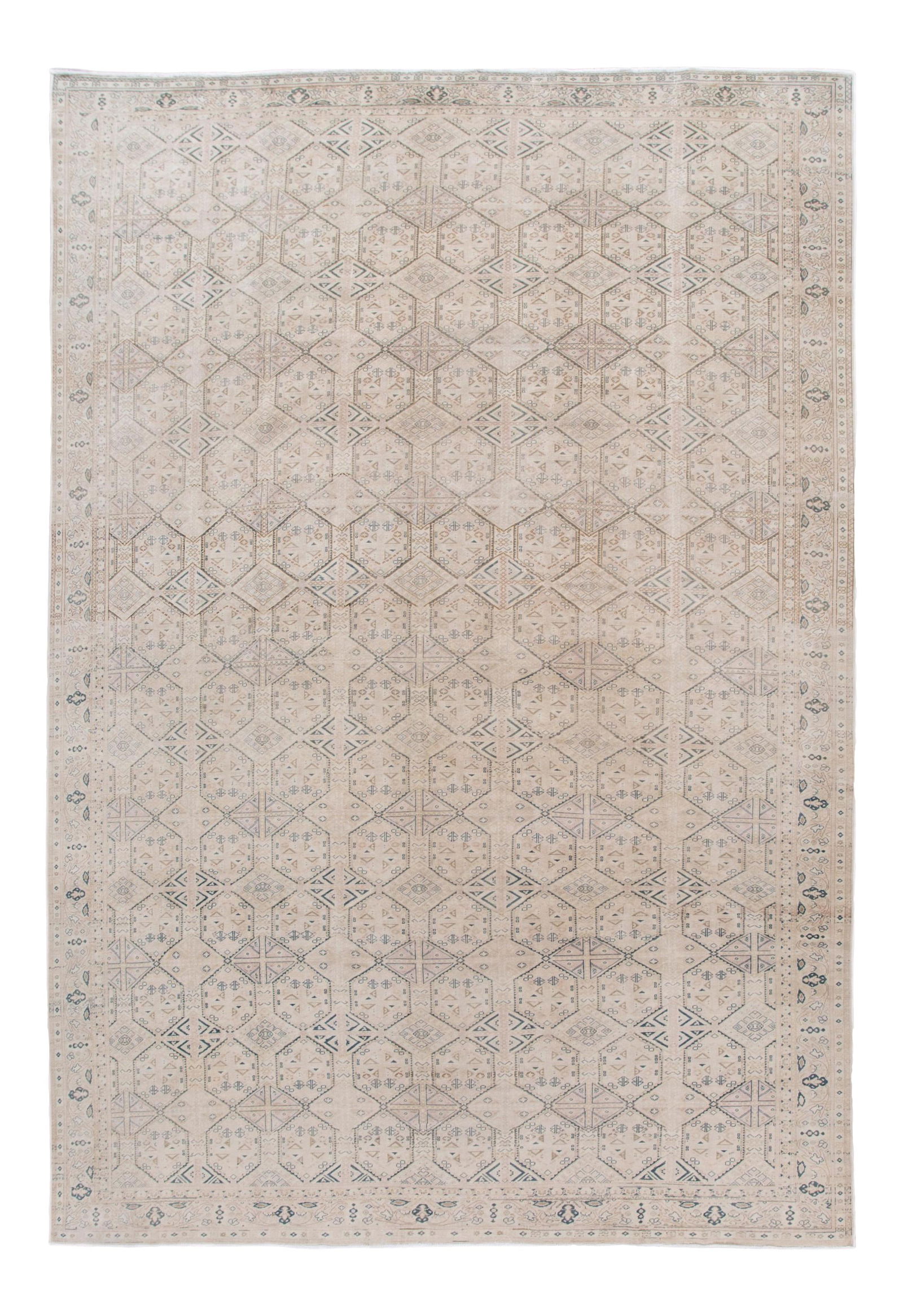 Vintage Turkish Hand-Knotted Wool Rug 9'4 x 13'7 Beige Geometric Design: Vintage Turkish Hand-Knotted Wool Rug 9'4 x 13'7 Beige Geometric Design This stunning vintage Turkish hand-knotted wool rug showcases a beautiful beige field adorned with an intricate all-over geometr