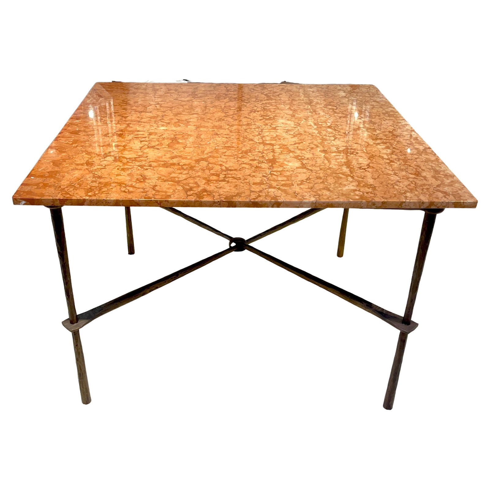Italian Modern Square Table with Bronzed Iron Base and Marble Top: Italian Modern Square Table with Bronzed Iron Base and Marble Top This Italian Modern Bronzed Forged Iron & Marble Square Table is a striking piece that combines modern aesthetics with traditional cra