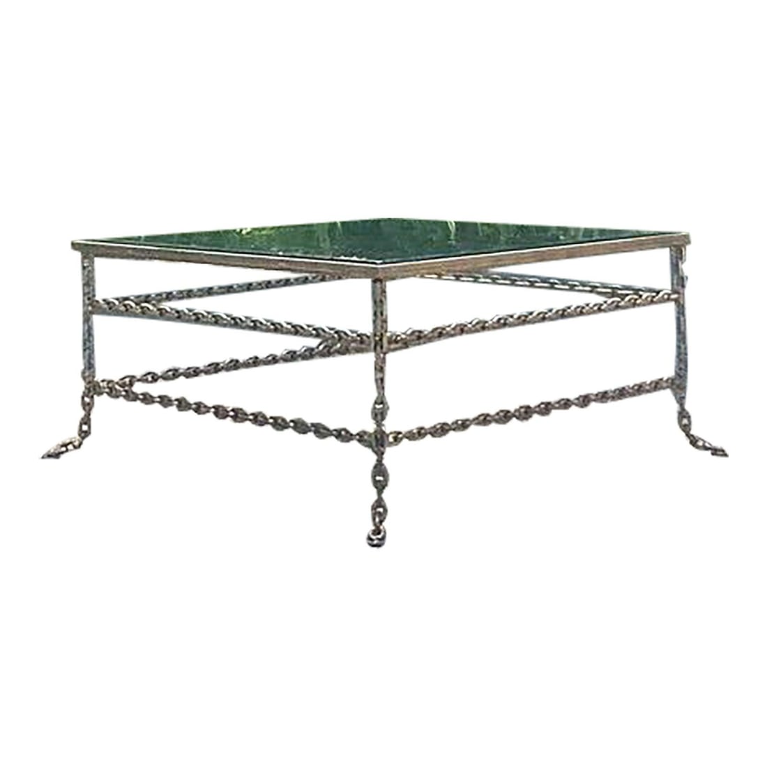 Vintage Industrial Chain Link Coffee Table with Glass Top: Vintage Industrial Chain Link Coffee Table with Glass Top Transform your living space with this striking Vintage Boho Patinated Chain Coffee Table, a perfect blend of industrial design and artistic fl