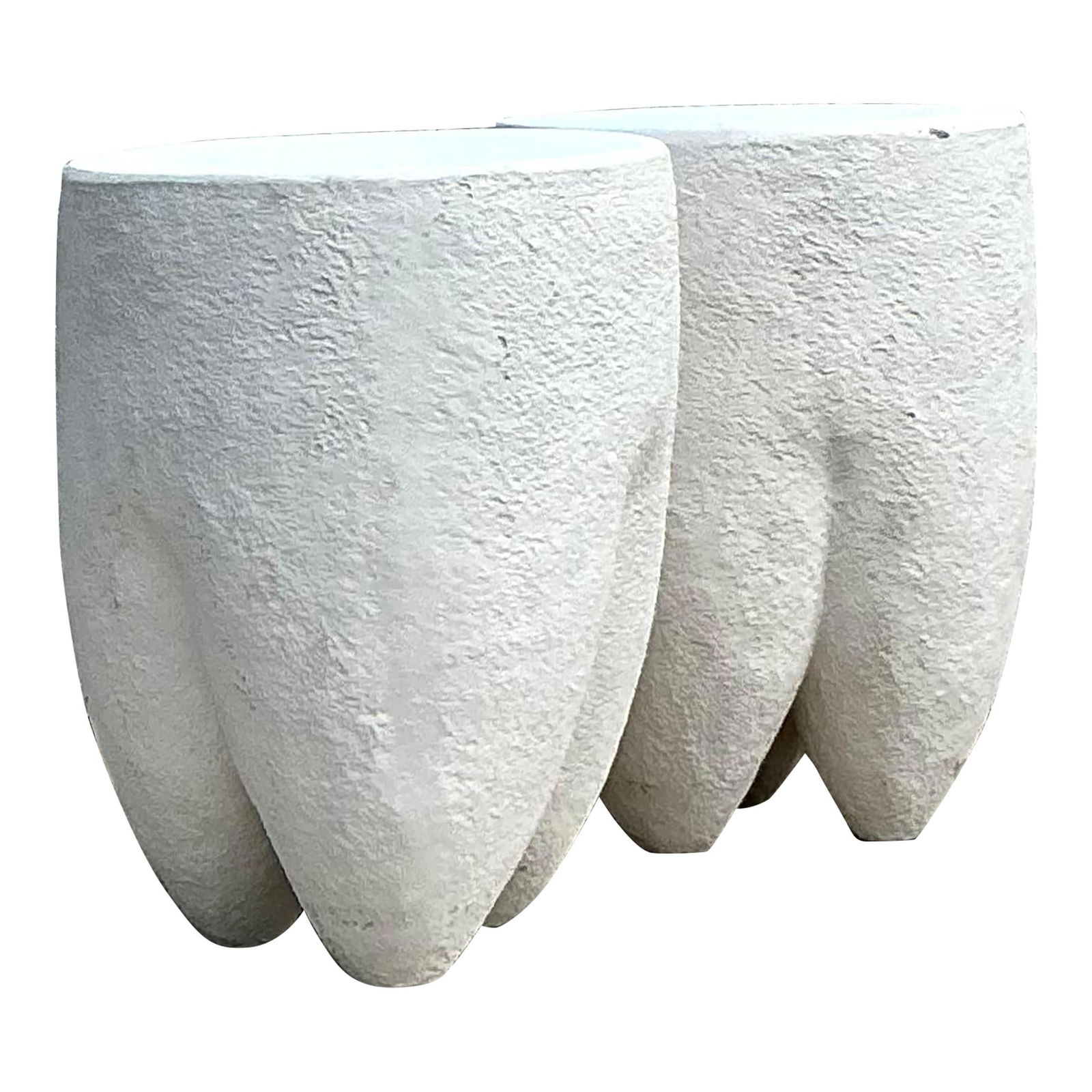 Pair of Vintage Boho Pebbled Biomorphic Low Stools in White: Pair of Vintage Boho Pebbled Biomorphic Low Stools in White Enhance your living space with this exquisite pair of Vintage Boho Pebbled Biomorphic Low Stools. Designed with an organic, sculptural form,