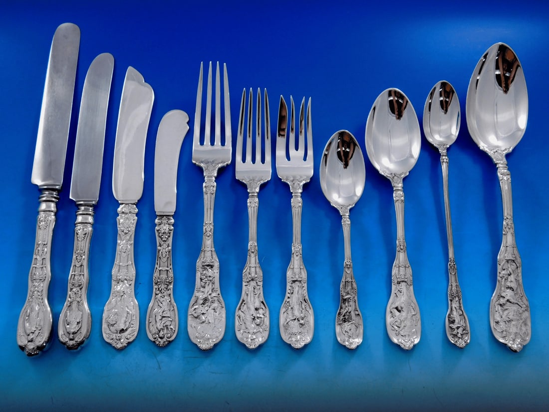 Gorham Mythologique Sterling Silver Flatware Set 192 pcs with Storage Chest: Gorham Mythologique Sterling Silver Flatware Set 192 pcs with Storage Chest Discover the exquisite Mythologique Sterling Silver Flatware Set by Gorham, crafted during the late 19th century (1850-1899)