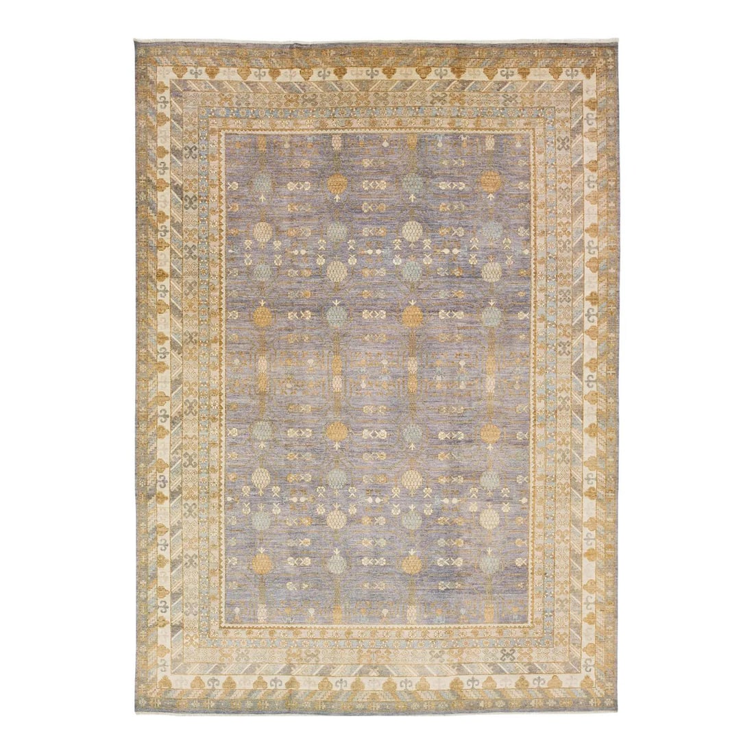 Khotan Style Handmade Wool Rug 12'1 x 16'11 Blue Accents: Khotan Style Handmade Wool Rug 12'1 x 16'11 Blue Accents This stunning Khotan-style hand-knotted wool rug features a warm blue field elegantly complemented by accents of goldenrod, gray, and beige. Th