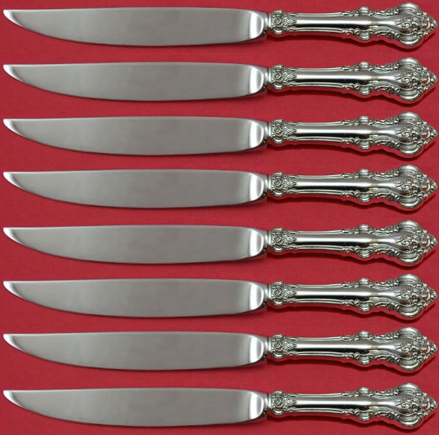 Towle El Grandee Sterling Silver Steak Knife Set 8pc Not Serrated: Towle El Grandee Sterling Silver Steak Knife Set 8pc Not Serrated Enhance your dining experience with this exquisite set of 8 steak knives from the El Grandee pattern by Towle. Crafted with a sterling