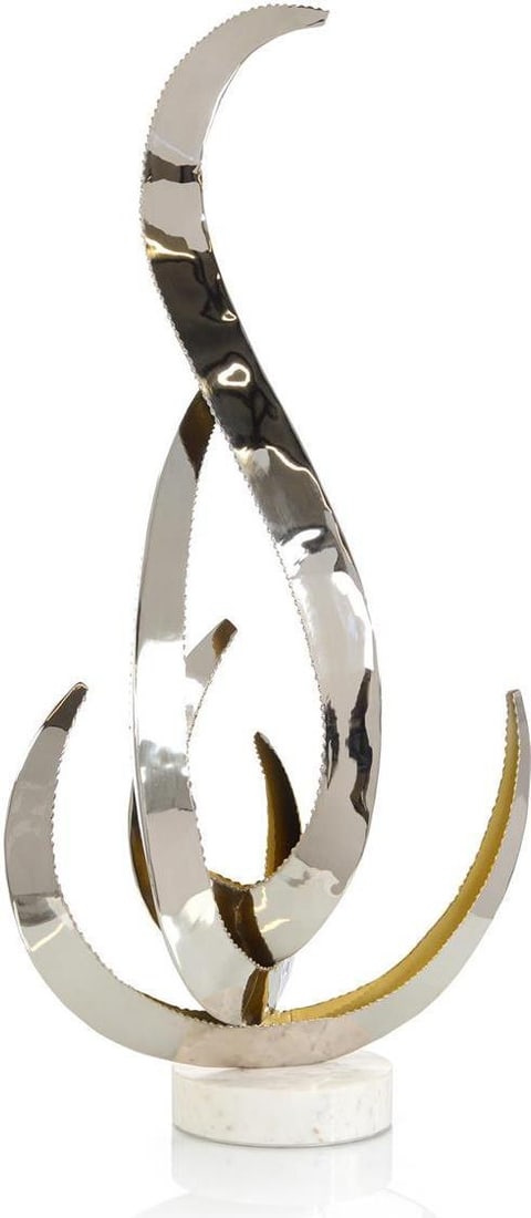 John Richard Modern Brass Nickel Windblown Sculpture 40H 21W 15D: John Richard Modern Brass Nickel Windblown Sculpture 40H 21W 15D This stunning modern windblown sculpture by John Richard showcases a unique blend of brass and nickel finishes, creating a captivating