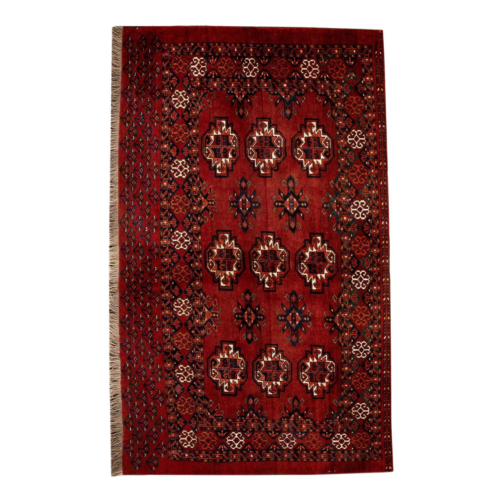 Antique Turkaman Hand-Knotted Red Wool Tribal Rug 3'5 x 6'1: Antique Turkaman Hand-Knotted Red Wool Tribal Rug 3'5 x 6'1 Discover the charm of this beautiful antique Turkaman hand-knotted wool rug, featuring a striking red field adorned with black, ivory, and t