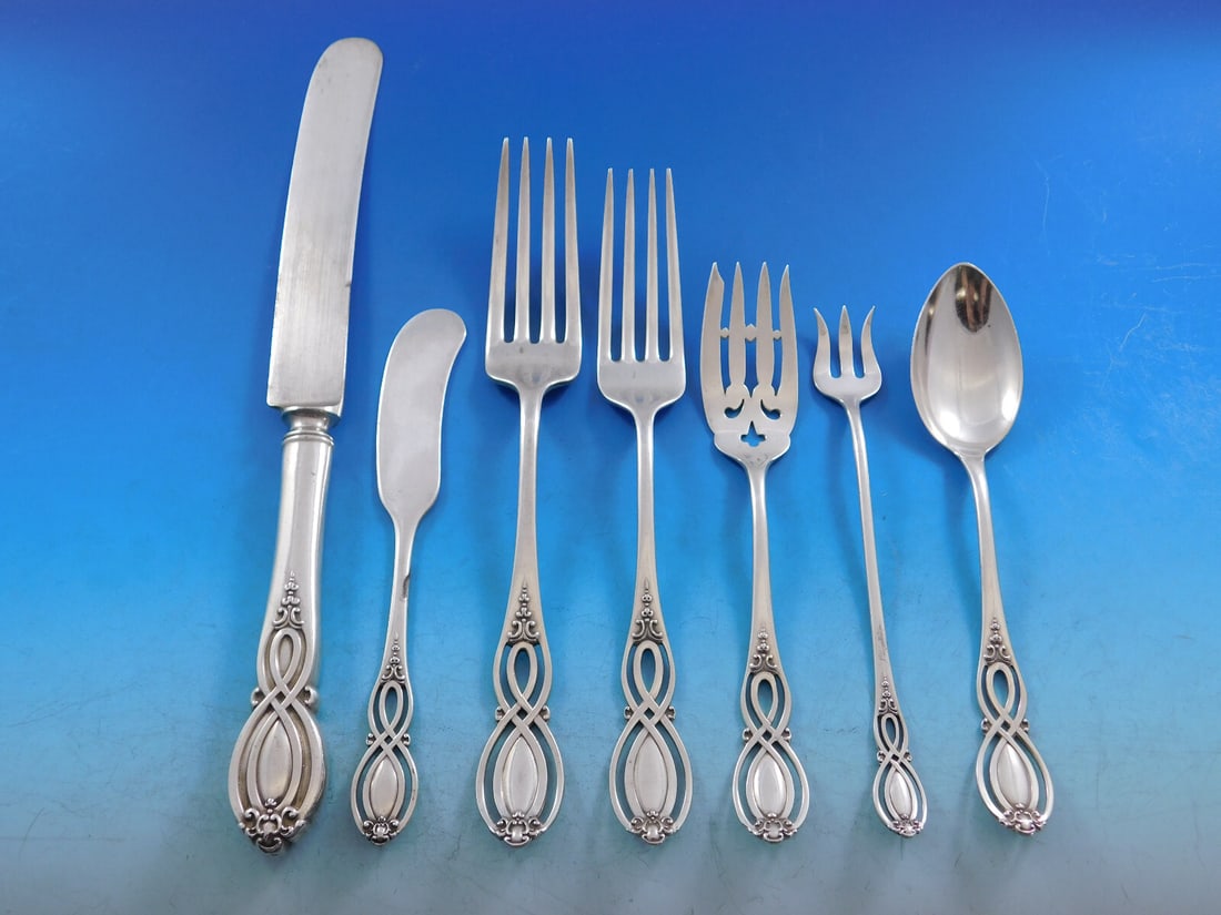 Alvin Chippendale Sterling Silver Flatware Set 46 pc Service for 6: Alvin Chippendale Sterling Silver Flatware Set 46 pc Service for 6 Discover the elegance of the Chippendale pattern with this rare Sterling Silver flatware set from Alvin, crafted circa 1900. This stu
