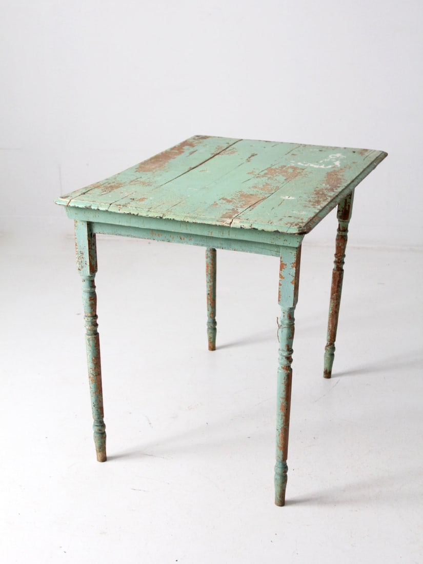 Vintage Clipper Style Antique Wood Side Table Mint Green: Vintage Clipper Style Antique Wood Side Table Mint Green This charming antique painted wood side table dates back to the early 20th century and features a unique clipper style with turned legs. The ta