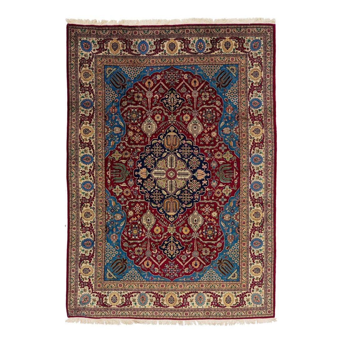 Vintage 1950s Tabriz Persian Hand-Knotted Wool Rug 8' x 11'3 Red Blue: Vintage 1950s Tabriz Persian Hand-Knotted Wool Rug 8' x 11'3 Red Blue This exquisite vintage Persian Tabriz wool rug showcases a striking red and blue background, beautifully adorned with an intricate