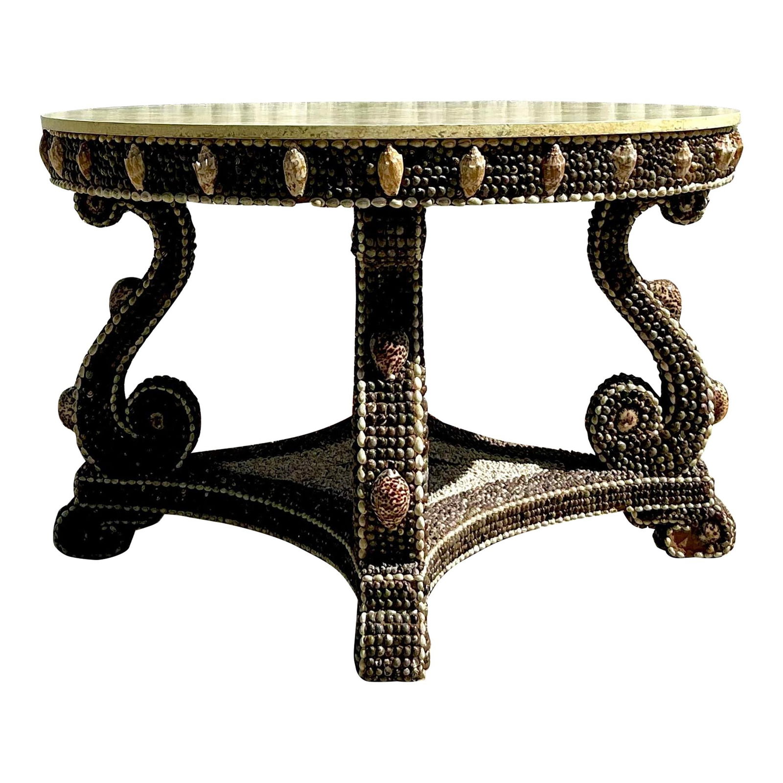 Vintage Coastal Center Hall Table with Seashell Encrustation: Vintage Coastal Center Hall Table with Seashell Encrustation Make a striking statement with this vintage coastal center hall table, beautifully encrusted with a stunning array of natural seashells. It