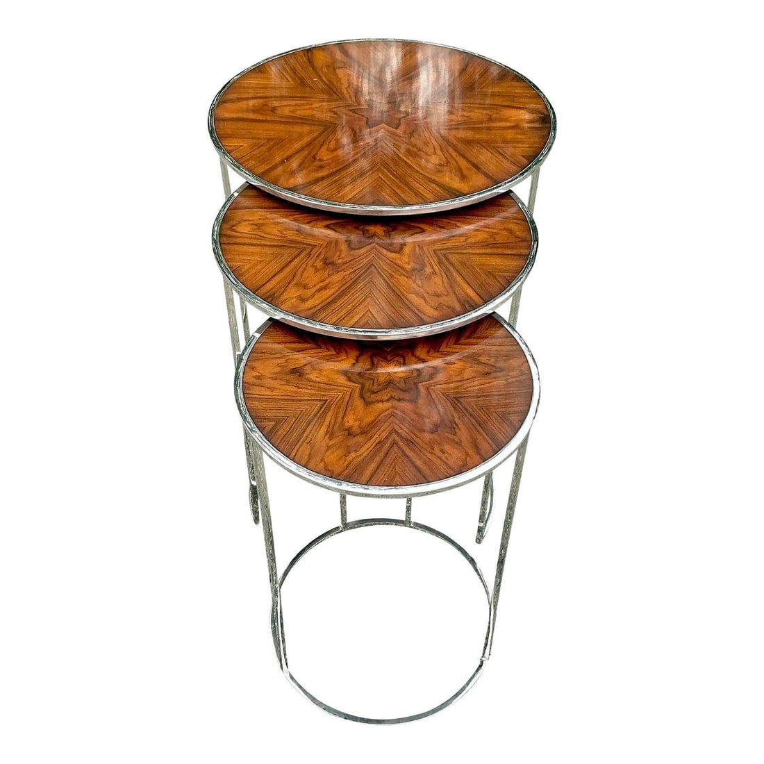Theodore Alexander Vintage Burl and Chrome Nesting Tables Set of 3: Theodore Alexander Vintage Burl and Chrome Nesting Tables Set of 3 Elevate your living space with this elegant set of 3 vintage contemporary nesting tables by Theodore Alexander. Featuring stunning bu