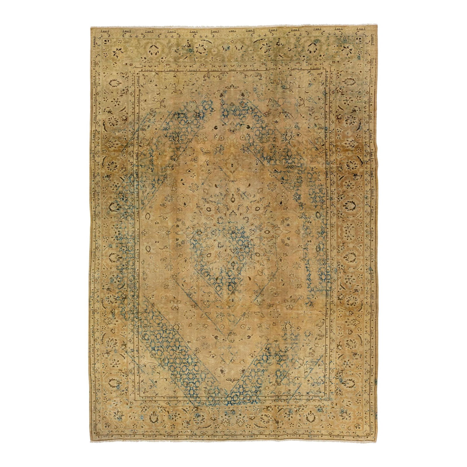 Vintage Persian Tabriz Ivory Wool Rug 8'9" x 12'5" Handmade: Vintage Persian Tabriz Ivory Wool Rug 8'9" x 12'5" Handmade Discover the beauty of this vintage 1960s Persian Tabriz handmade wool rug, featuring a stunning ivory field adorned with a tan frame and vi