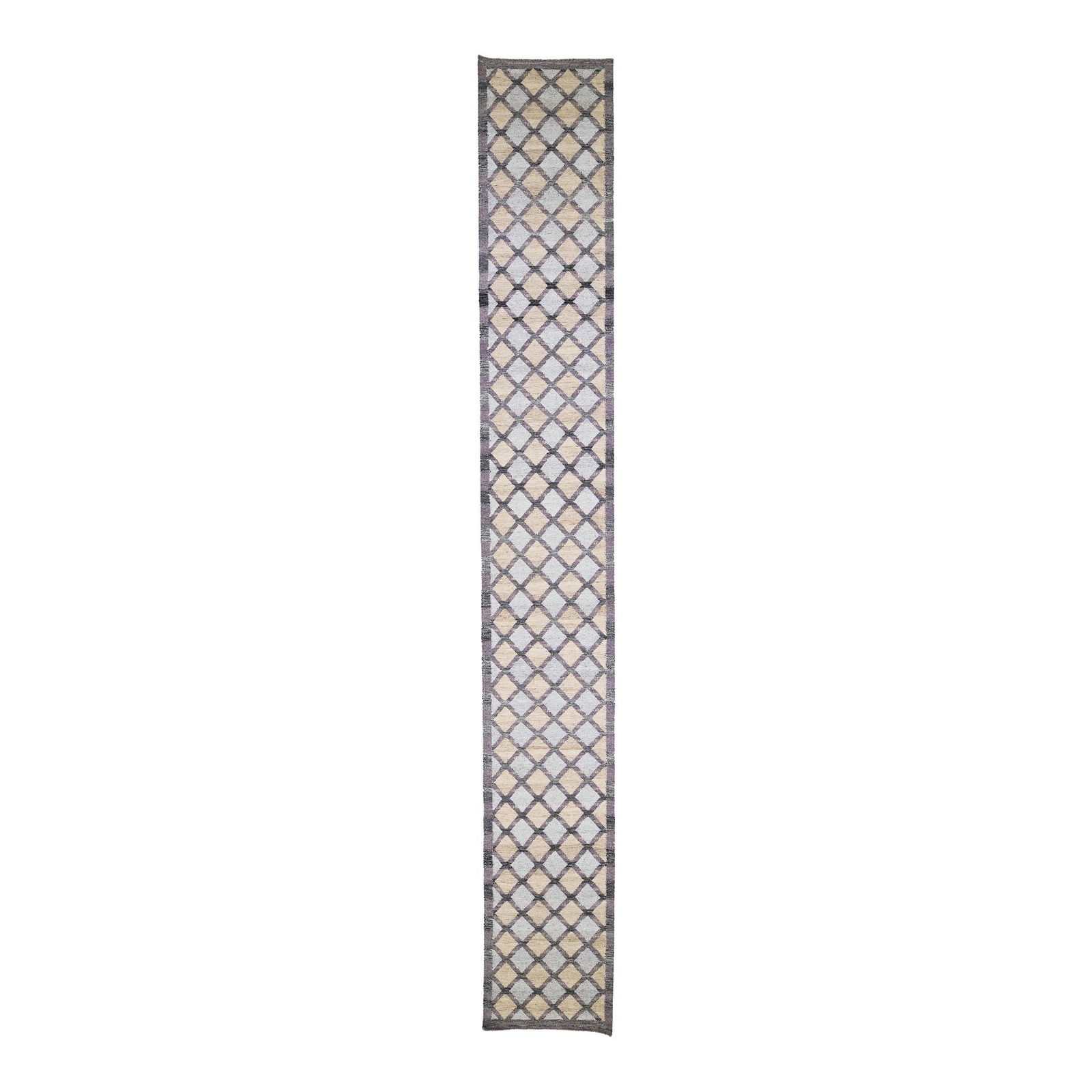 Swedish Style Wool Runner Gray Geometric Pattern 3' x 21'11'': Swedish Style Wool Runner Gray Geometric Pattern 3' x 21'11'' Enhance your space with this stunning modern Swedish-style wool runner. Featuring a striking gray field complemented by beige and purple a