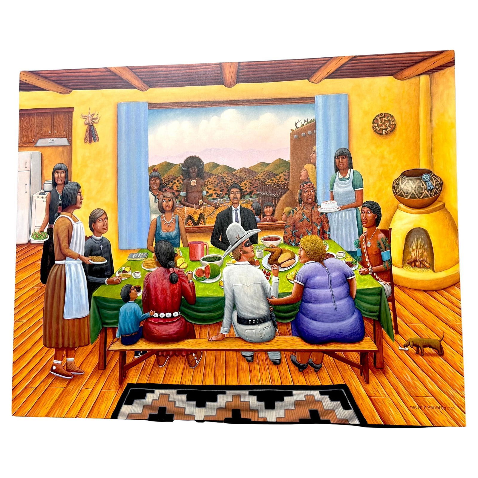 Large Scale Feast Day Gathering Acrylic by David P. Bradley Signed 1985: Large Scale Feast Day Gathering Acrylic by David P. Bradley Signed 1985 This is a monumental acrylic-on-canvas painting titled "Feast Day Gathering" by David P. Bradley (Minnesota Chippewa Tribe, b. 1