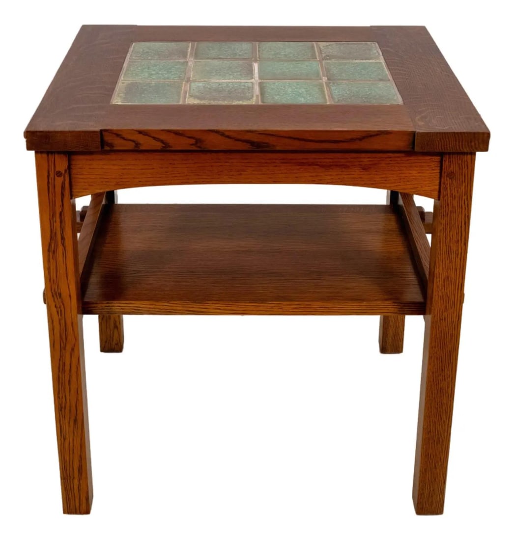 Mission Style Oak End Table with Tile Inset and Two Tiers: Mission Style Oak End Table with Tile Inset and Two Tiers This Stickley Mission Oak tile-top end table, crafted circa 2001, features high-quality construction in the Arts and Crafts style. Made from o