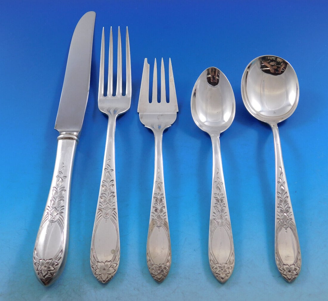 Kirk Primrose Sterling Silver Flatware Set for 12 70 Pieces with Storage Chest: Kirk Primrose Sterling Silver Flatware Set for 12 70 Pieces with Storage Chest Enhance your dining experience with this exquisite Primrose sterling silver flatware set by Kirk, crafted between 1900-19