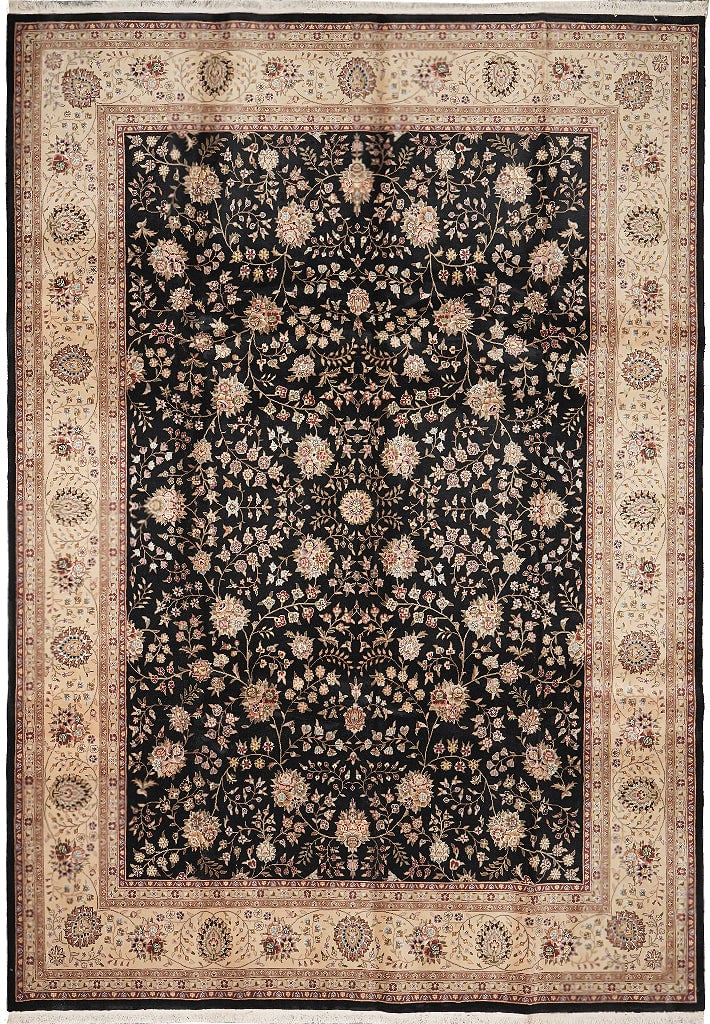 8.6 x 11.6 Hand-Knotted Wool Silk Kashan Rug Black Ivory China: 8.6 x 11.6 Hand-Knotted Wool Silk Kashan Rug Black Ivory China Free continental US Shipping This hand-knotted area rug features a luxurious blend of wool and silk, offering a rich texture and elegant