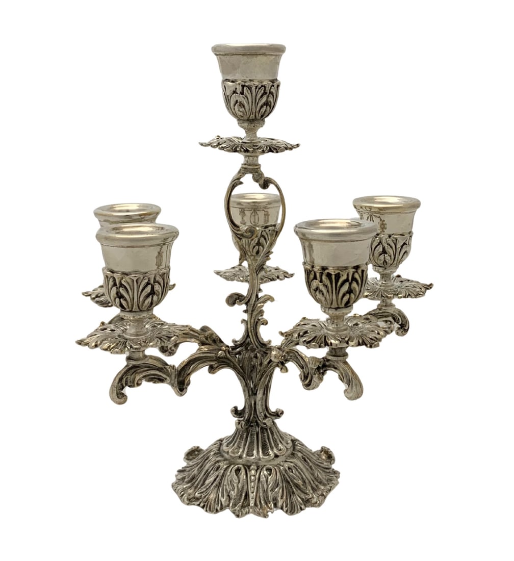 Elegant 6-Light Handmade Sterling Silver Candelabra with Leaf Applique: Elegant 6-Light Handmade Sterling Silver Candelabra with Leaf Applique This exquisite 6-light candelabra is crafted from fine 925 sterling silver, showcasing intricate handmade leaf applique designs w