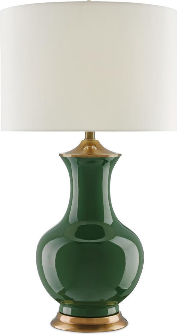 Currey Lilou Brass Green Lamp with Shantung Shade: Currey Lilou Brass Green Lamp with Shantung Shade Illuminate your space with this classic green lamp, designed in a charming antique style. This elegant piece features a shantung shade that beautifull