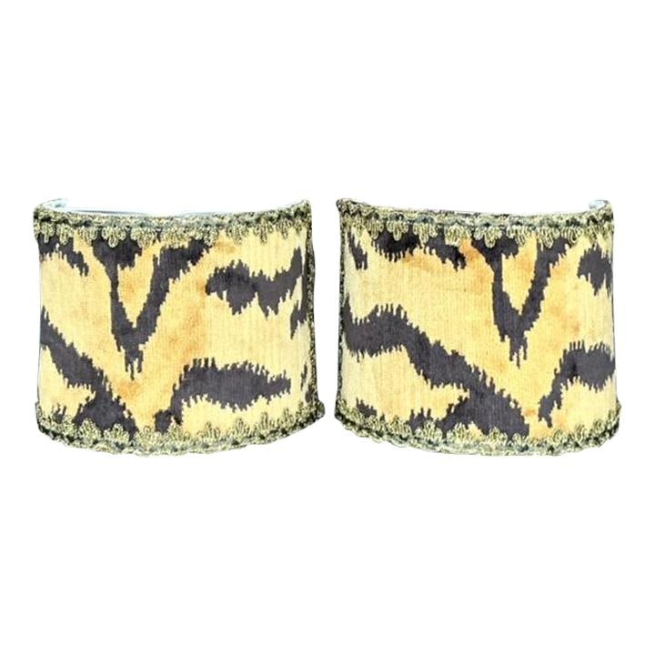 Pair of Vintage Boho Custom Scalamandre Half Lamp Shades Amber: Pair of Vintage Boho Custom Scalamandre Half Lamp Shades Amber Enhance your space with these Vintage Boho Custom Scalamandre Half Lamp Shades. Featuring exquisite craftsmanship, these shades are desig