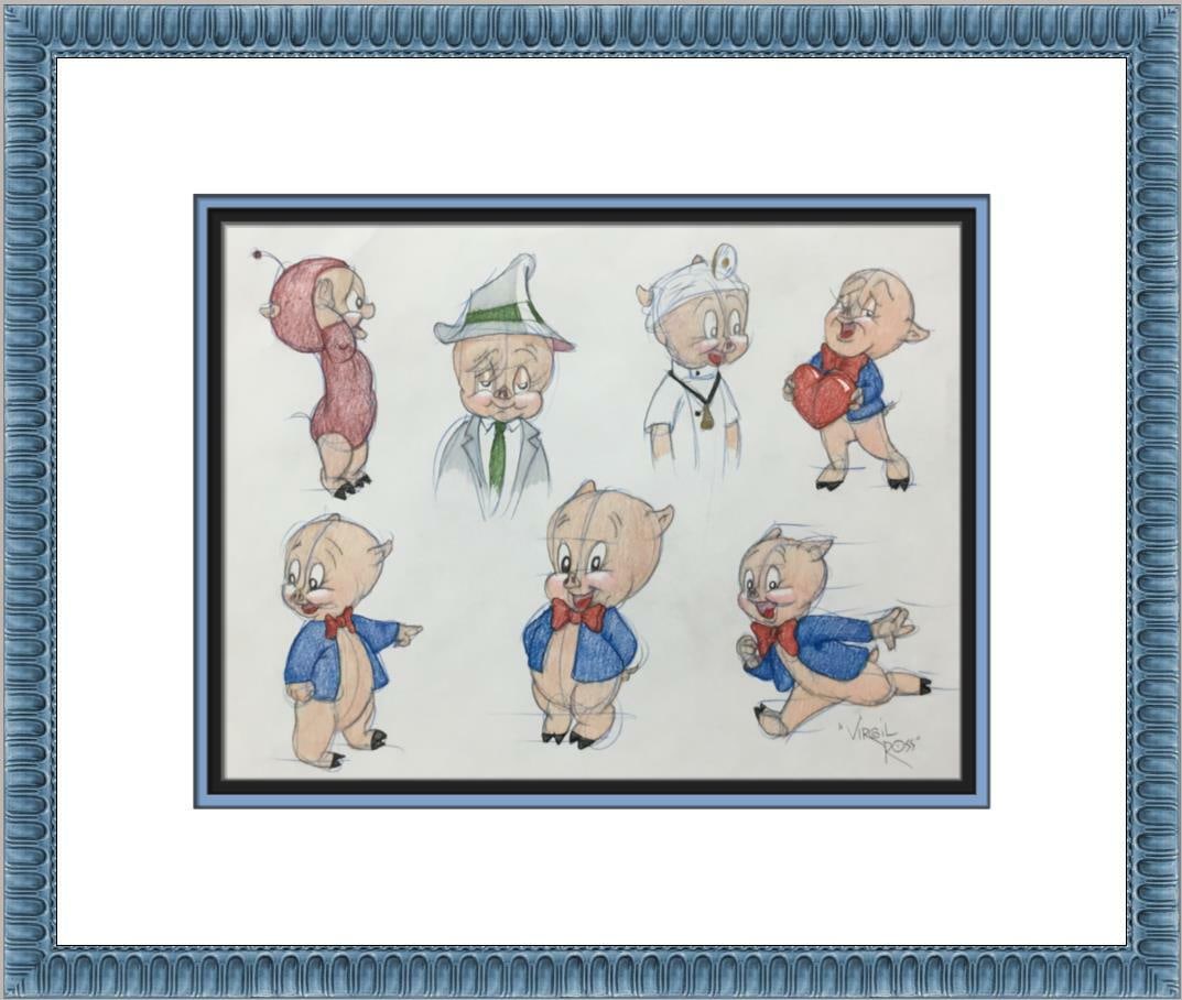 Virgil Ross Signed Porky Pig Model Sheet Drawing Custom Framed: Virgil Ross Signed Porky Pig Model Sheet Drawing Custom Framed This original signed model sheet drawing features the beloved character Porky Pig, illustrated by legendary animator Virgil Ross. Rendere