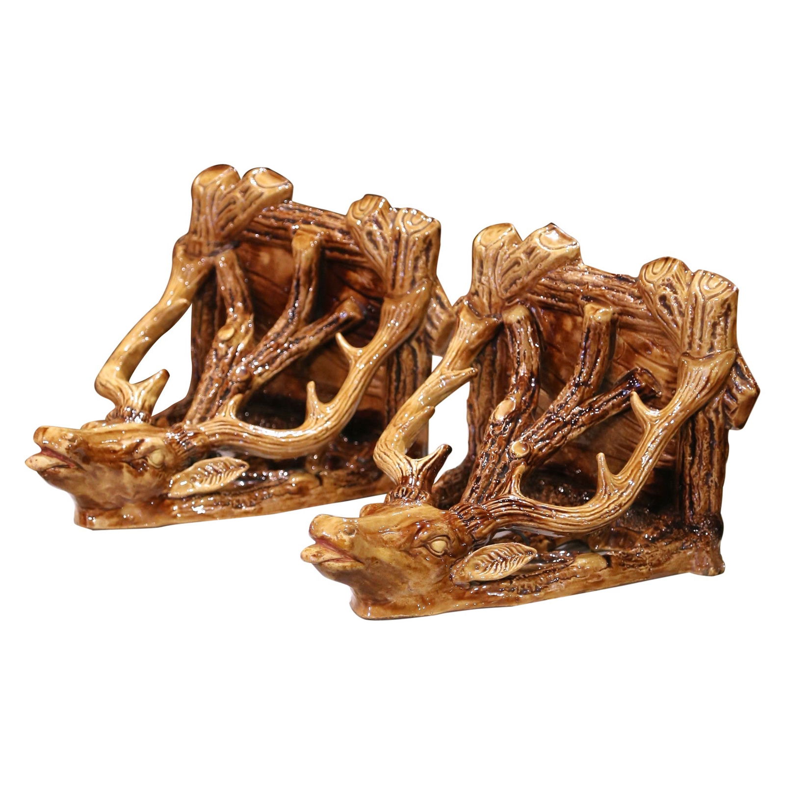 Set of 2 Early 20th Century French Barbotine Wall Brackets with Stag Heads: Set of 2 Early 20th Century French Barbotine Wall Brackets with Stag Heads This exquisite pair of early 20th-century French barbotine wall brackets, crafted circa 1920, showcases an intricate design f
