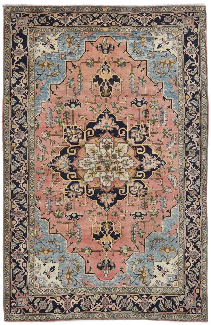 Hand-Knotted Indian Wool Rug 6'6 x 9'11 Blush Geometric Vintage Carpet: Hand-Knotted Indian Wool Rug 6'6 x 9'11 Blush Geometric Vintage Carpet This vintage handmade oriental rug features a striking geometric pattern in blush pink, navy, light blue, ivory, olive, and light