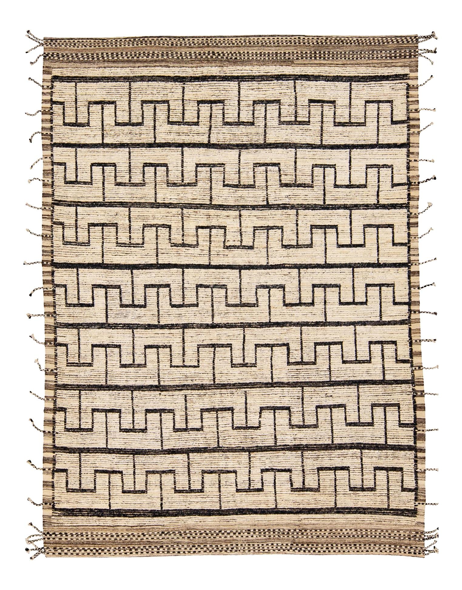 Beige Handmade Wool Moroccan Rug 9' x 12'6: Beige Handmade Wool Moroccan Rug 9' x 12'6 Enhance your living space with this exquisite handmade Moroccan style wool rug. Featuring a stunning beige and brown field complemented by black and brown ac