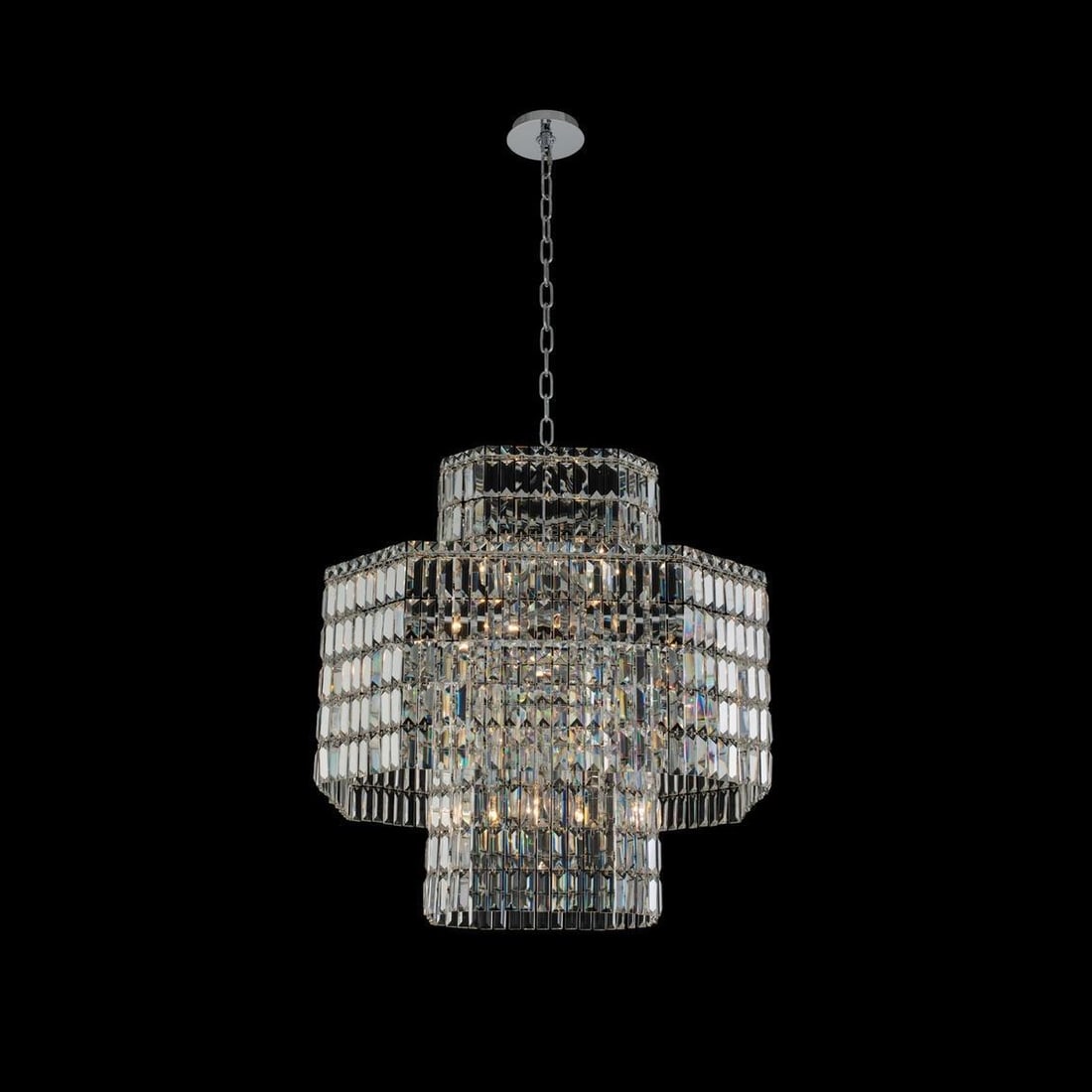 Kalco Livelli Contemporary Crystal Pendant Light 32H 29W 33D: Kalco Livelli Contemporary Crystal Pendant Light 32H 29W 33D Elevate your modern home decor with the Elegant Livelli Crystal Pendant. This stunning piece features a polished chrome finish complemented