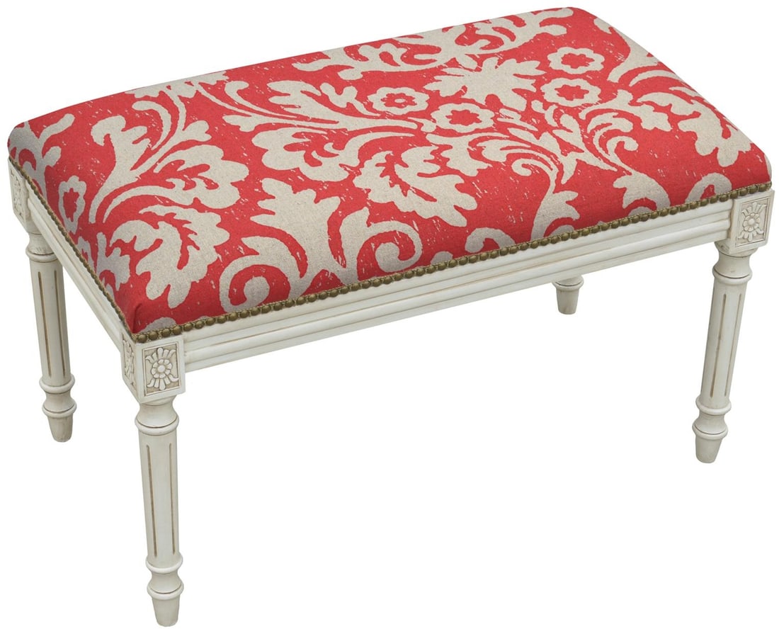 Charming Jacobean Bench White Wash with Brass Nailheads: Charming Jacobean Bench White Wash with Brass Nailheads Introducing the Elegant Jacobean Bench, a stunning piece designed in a vintage style with a charming antique white wash finish. This backless be