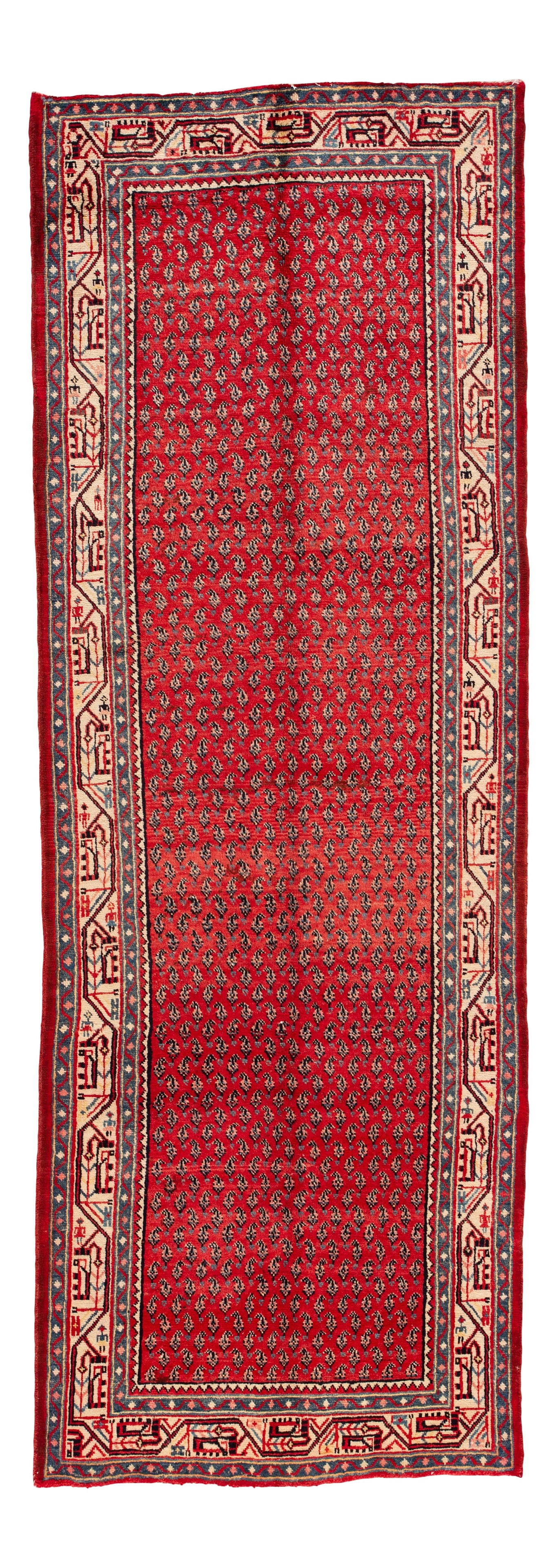 Vintage Hamadan Handmade Wool Rug Red Geometric Design 3'7 x 10'3: Vintage Hamadan Handmade Wool Rug Red Geometric Design 3'7 x 10'3 Discover the charm of this beautiful Vintage Heriz Handmade Wool Rug, featuring a striking red field adorned with multi-color accents