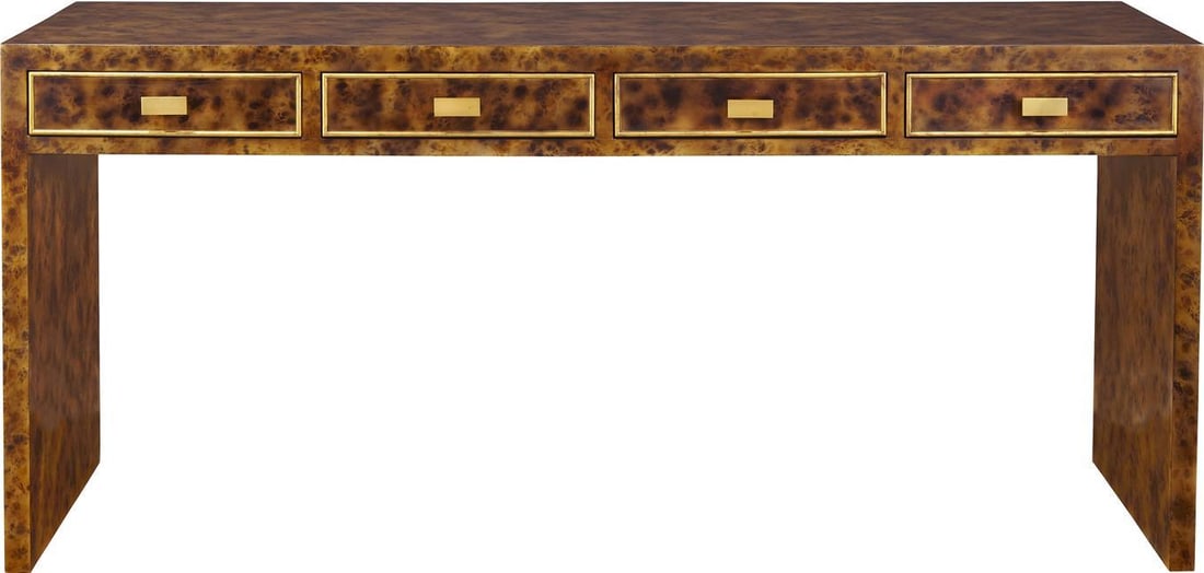 Port Eliot French Tortoise Console with Gold Leaf Accents: Port Eliot French Tortoise Console with Gold Leaf Accents Elevate your home decor with this exquisite French Tortoise Console featuring striking Gold Leaf accents. Crafted in an antique or vintage sty