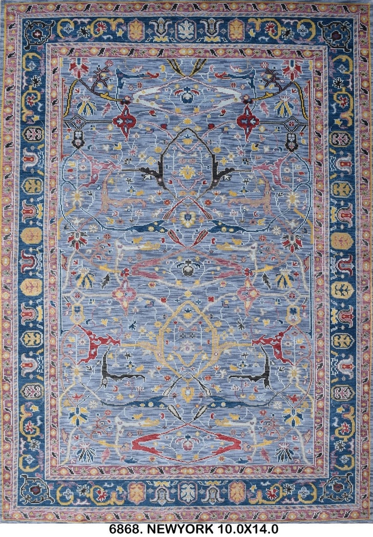 10 x 14 Blue Handmade Wool Zigler Oushak Area Rug: 10 x 14 Blue Handmade Wool Zigler Oushak Area Rug Free continental US Shipping Transform your living space with the exquisite charm of this 10' x 14' Blue Handmade Natural Wool Zigler Oushak Rug. Hand