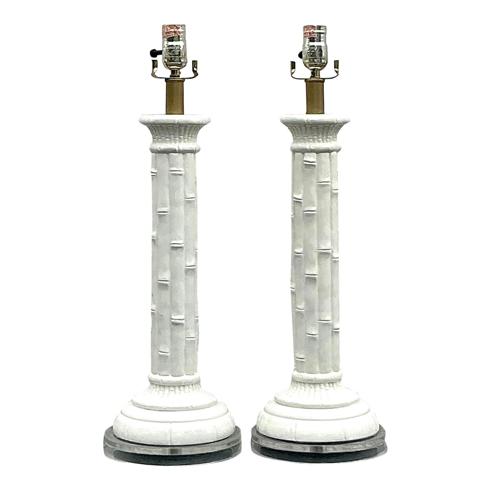 Pair of Vintage Boho Ceramic Bamboo Lamps Glossy Finish: Pair of Vintage Boho Ceramic Bamboo Lamps Glossy Finish Illuminate your home with this stunning pair of vintage boho glazed ceramic bamboo lamps. Designed with a unique bamboo-inspired aesthetic, thes