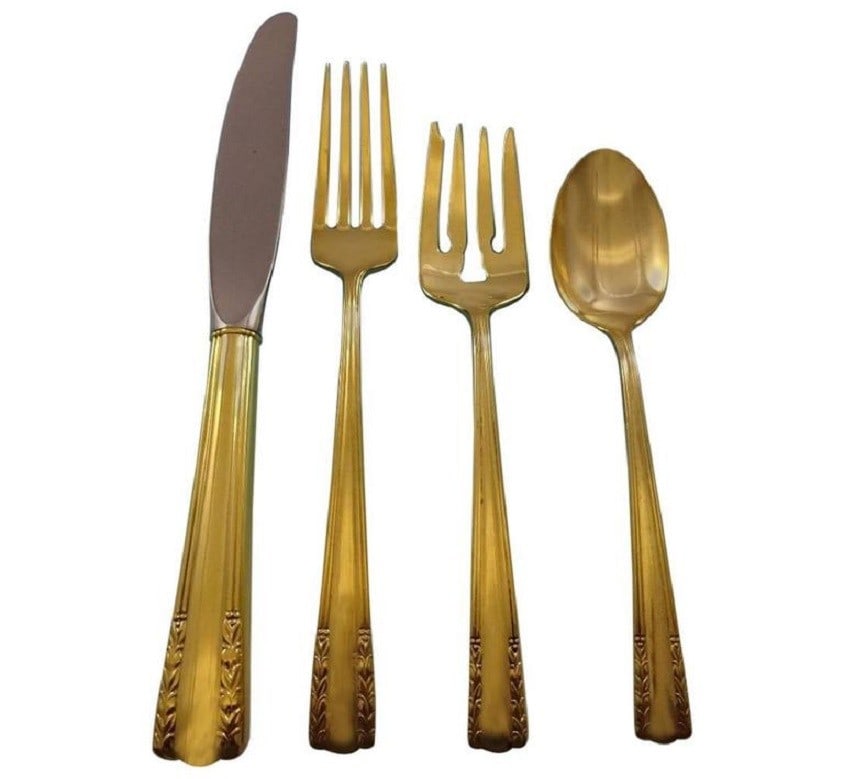 Alvin Chapel Bells Gold Vermeil 32-Piece Sterling Silver Flatware Set: Alvin Chapel Bells Gold Vermeil 32-Piece Sterling Silver Flatware Set Discover the elegance of the Chapel Bells Gold by Alvin sterling silver flatware service set. This exquisite 32-piece set, crafted