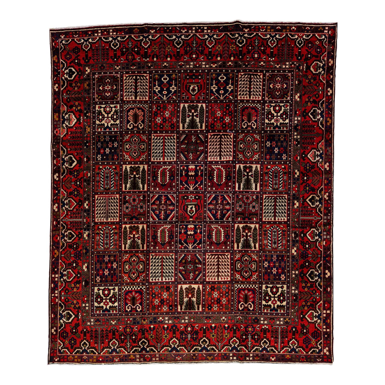 Vintage Persian Bakhtiari Hand-Knotted Wool Rug 9'8 x 11'7 Red Medallion: Vintage Persian Bakhtiari Hand-Knotted Wool Rug 9'8 x 11'7 Red Medallion Discover the beauty of this vintage Persian Bakhtiari handmade rug, featuring a striking red color field adorned with multicolo