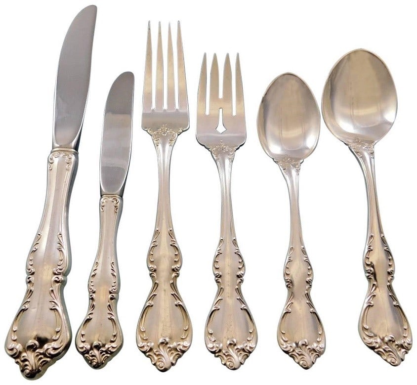 Towle Debussy Sterling Silver Flatware Set for 8 - 57 Pieces: Towle Debussy Sterling Silver Flatware Set for 8 - 57 Pieces Elevate your dining experience with the exquisite Debussy Sterling Silver Flatware Set by Towle, designed for 8 people and comprising 57 pi