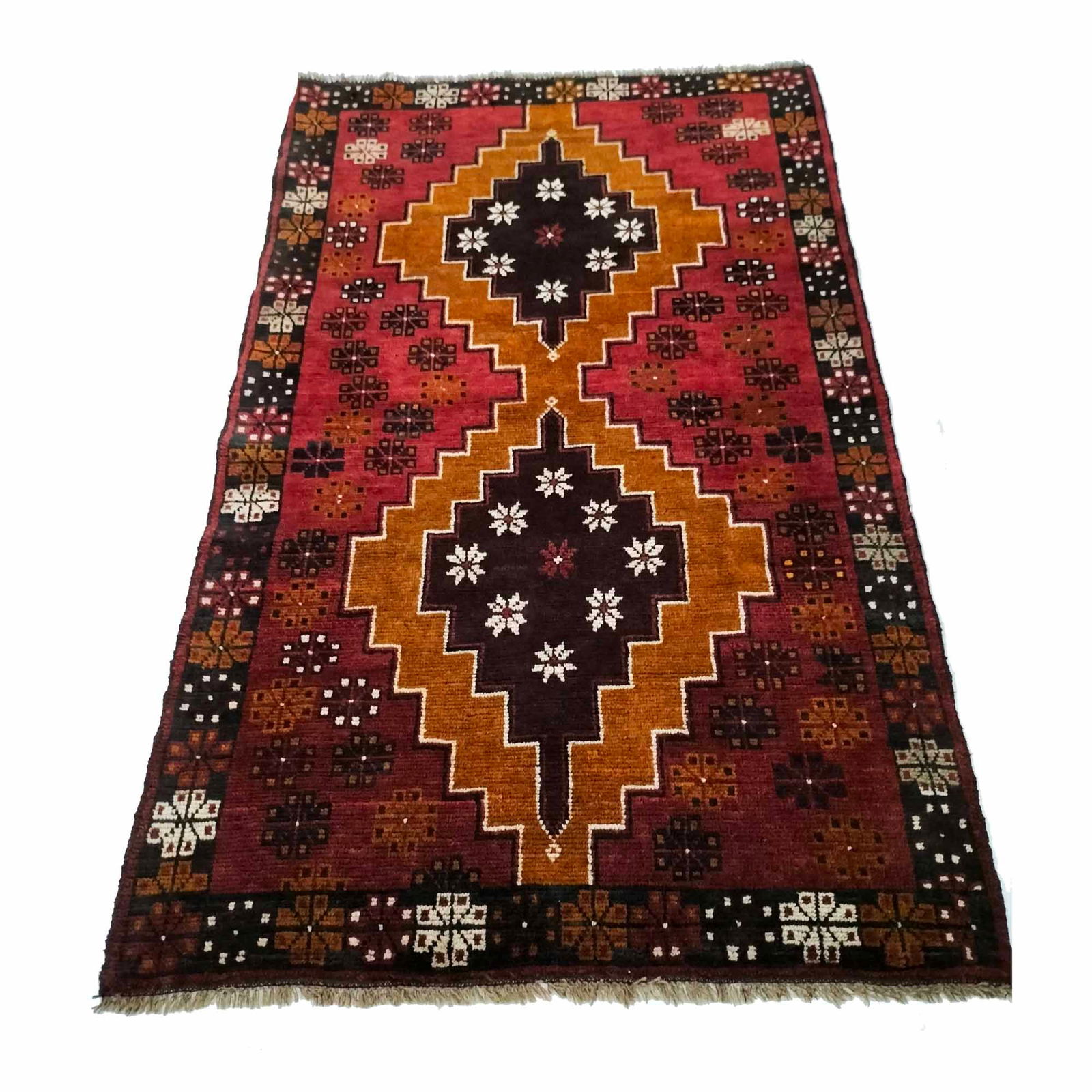 Handwoven 3.7 x 5.10 Orange Red Tribal Baluch Rug: Handwoven 3.7 x 5.10 Orange Red Tribal Baluch Rug Free continental US Shipping Introducing the exquisite 3.7 x 5.10 Orange Red Quality Tribal Baluch Rug, handcrafted by Afghan artisans in the Peshawar