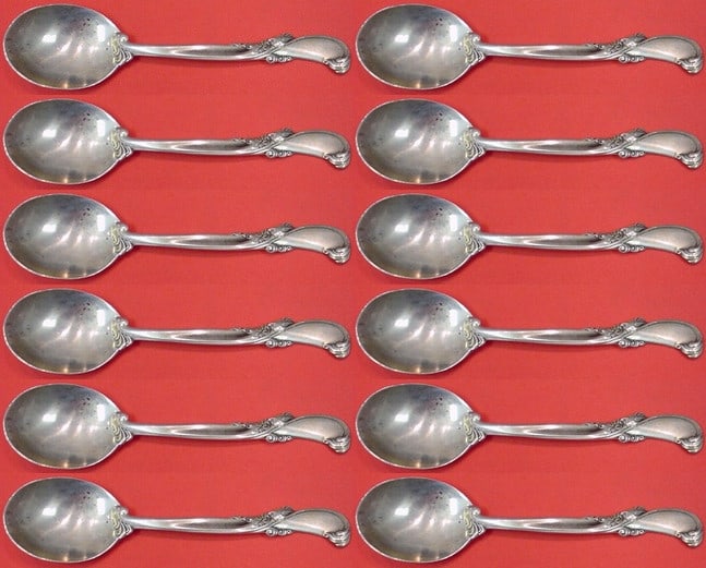 Wallace Waltz of Spring Sterling Silver Cream Soup Spoon Set 12 pcs 6 1/8": Wallace Waltz of Spring Sterling Silver Cream Soup Spoon Set 12 pcs 6 1/8" Enhance your dining experience with this exquisite 12-piece cream soup spoon set from Wallace, featuring the elegant 'Waltz o
