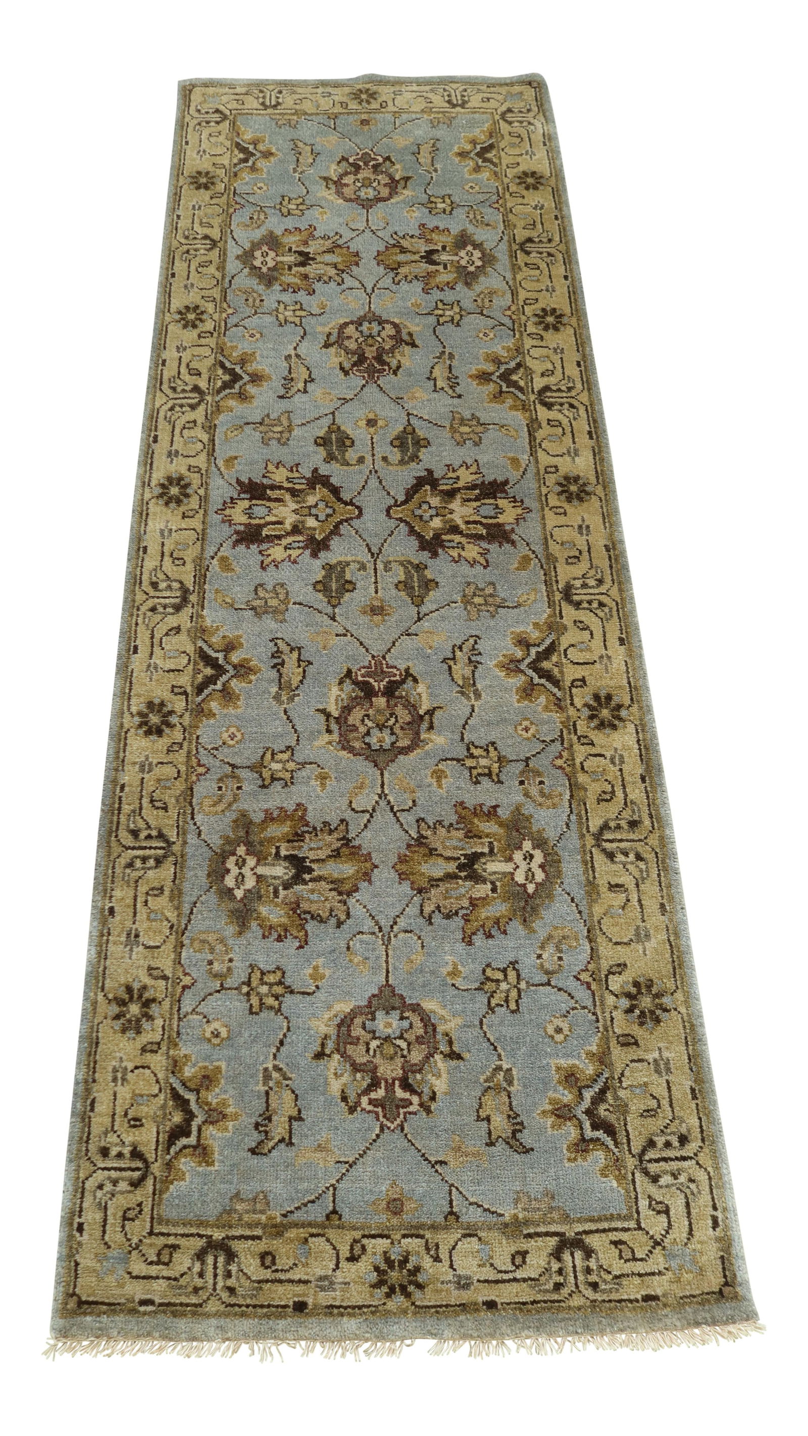 Oushak Indian 100% Wool 2.5 x 8 Runner Rug Brown: Oushak Indian 100% Wool 2.5 x 8 Runner Rug Brown Enhance your home with this exquisite Oushak Indian runner rug, measuring approximately 2.5 x 8 feet. Crafted from 100% high-quality wool, this rug sho