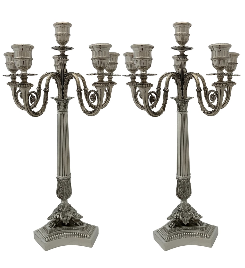 Elegant Pair of Handmade 925 Sterling Silver Floral Candelabras 6 Lights: Elegant Pair of Handmade 925 Sterling Silver Floral Candelabras 6 Lights This exquisite pair of Italian 925 sterling silver candelabras showcases elegant floral designs, adding a touch of sophisticati