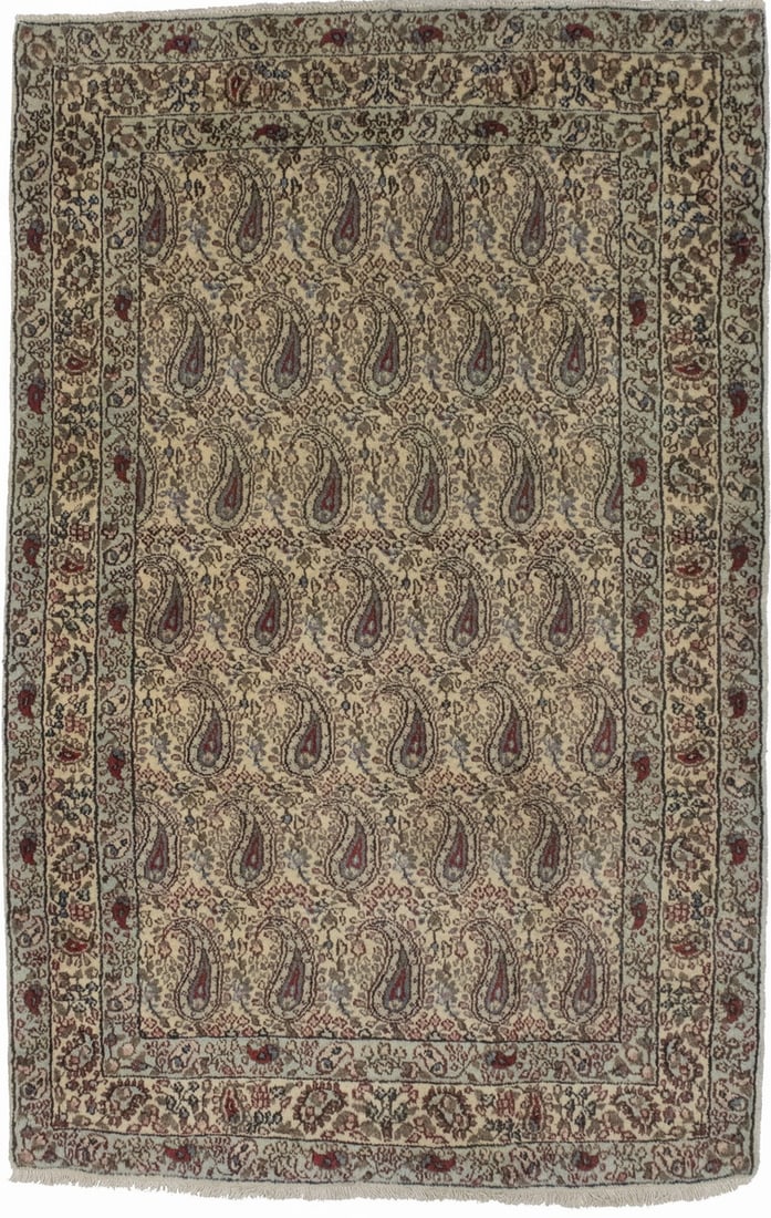 Vintage Paisley Floral Handmade Wool Area Rug 3'1 x 4'9: Vintage Paisley Floral Handmade Wool Area Rug 3'1 x 4'9 Enhance your living space with this exquisite Vintage Paisley Pattern Oriental Rug, showcasing a beautiful boteh design in a palette of cream, r