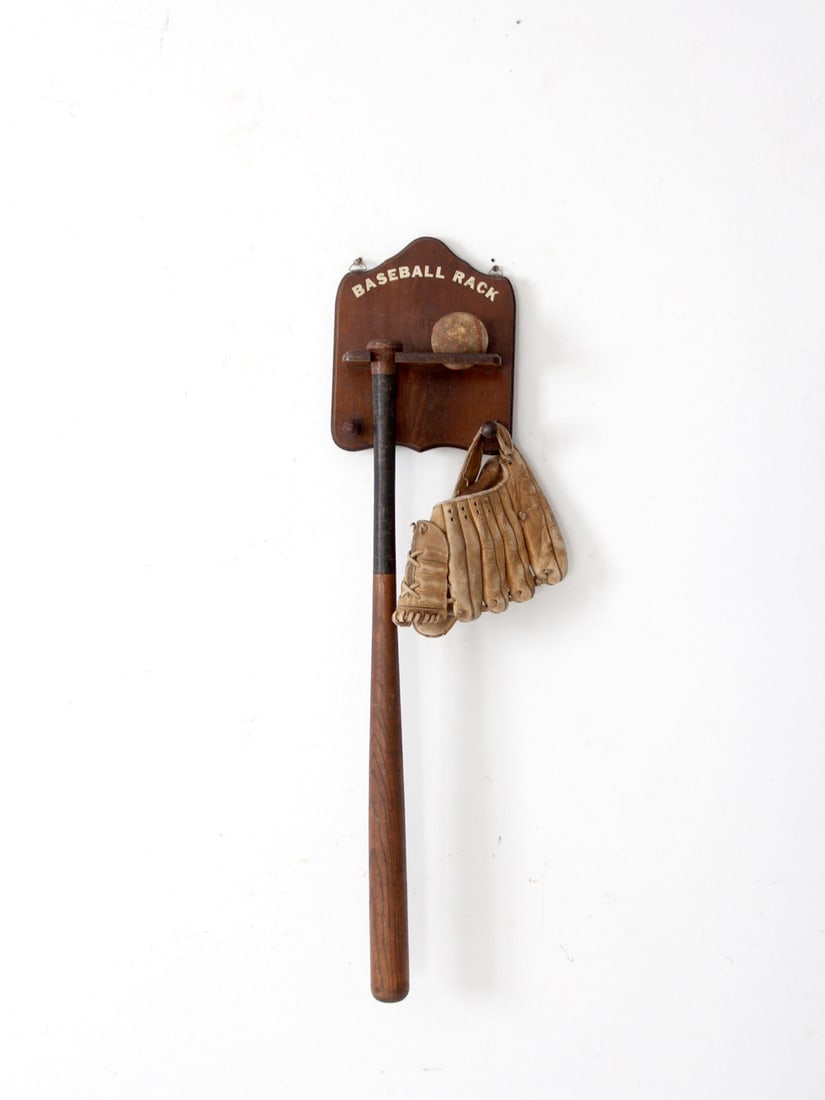 Mid-Century Wooden Baseball Display Set with Bat Glove and Ball: Mid-Century Wooden Baseball Display Set with Bat Glove and Ball This vintage mid-century wooden wall-mounted baseball display set combines functionality with nostalgic charm. It features a beautifully