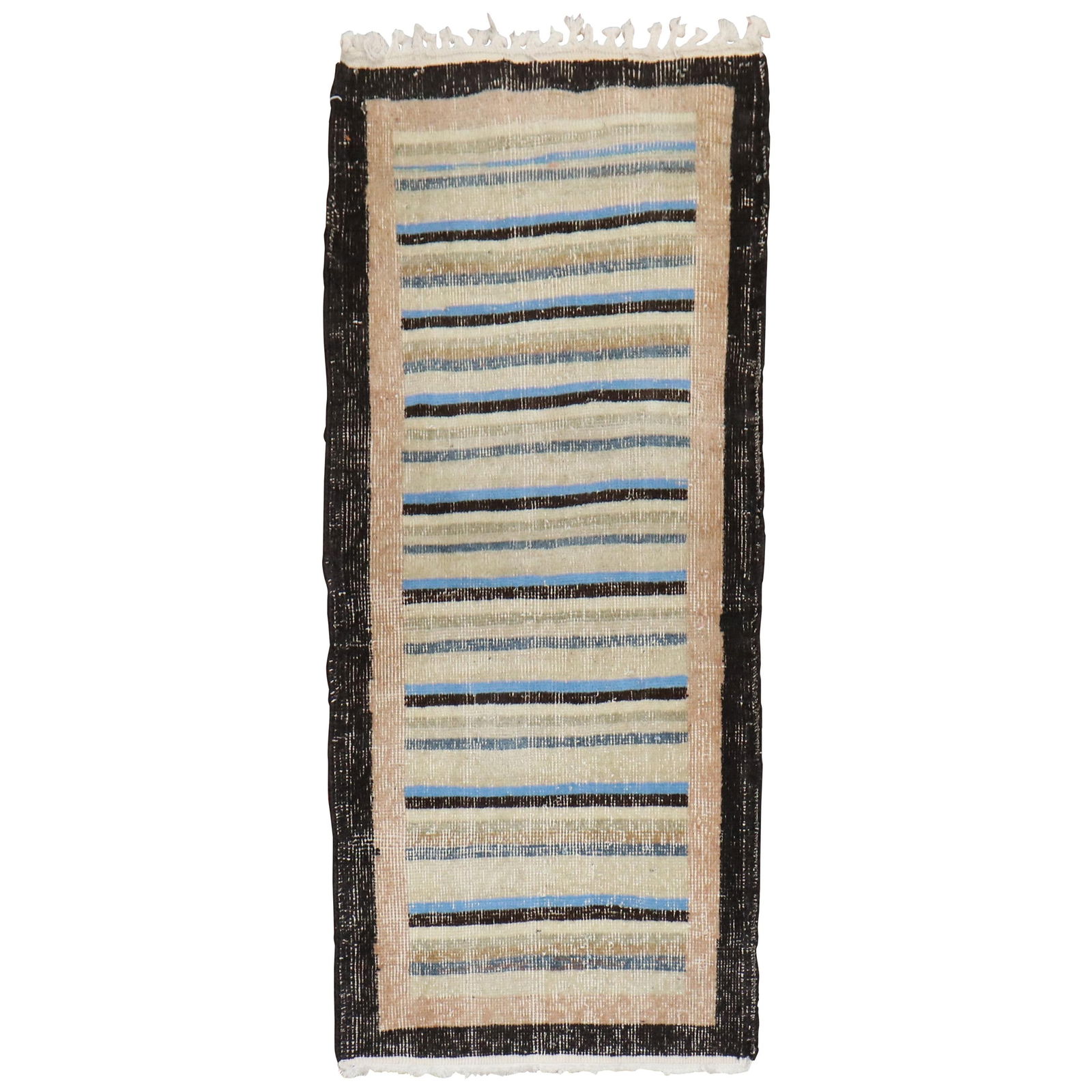 Midcentury Turkish Wool Hand-Knotted Runner in Deco Style 2' x 4'5": Midcentury Turkish Wool Hand-Knotted Runner in Deco Style 2' x 4'5" This one-of-a-kind Turkish Anatolian runner from the mid-20th century features a minimalist, mid-century modern design. Expertly han