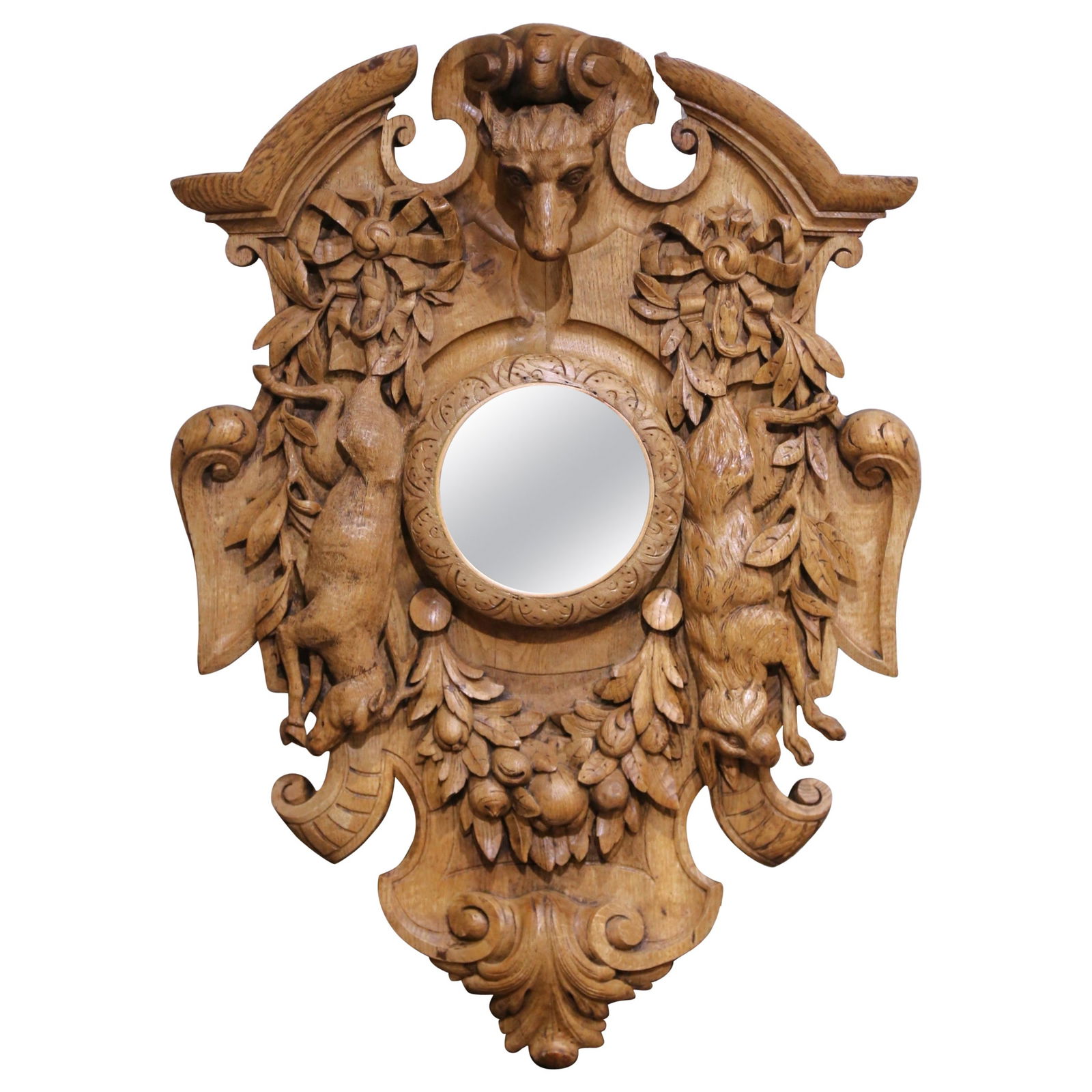 19th Century French Black Forest Carved Oak Hunting Plaque with Mirror: 19th Century French Black Forest Carved Oak Hunting Plaque with Mirror This exquisite 19th Century French Black Forest Carved Oak Hunting Wall Plaque with Mirror is a remarkable piece that brings bold