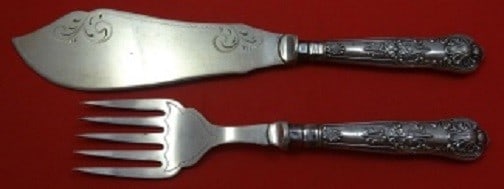 C.H. Beaston Queens Sterling Silver 2pc Fish Serving Set: C.H. Beaston Queens Sterling Silver 2pc Fish Serving Set Elevate your dining experience with this exquisite 2-piece fish serving set from C.H. Beaston, featuring the elegant Queens pattern. Crafted fr